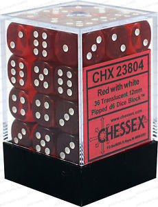 Chessex D6 Dice Translucent 12mm Red/White (36 Dice in Display)