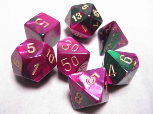 Chessex Dice Sets: Green-Purple/Gold Gemini Polyhedral 7-Die Set