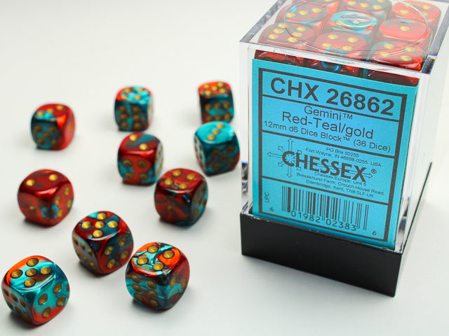 Chessex Dice Sets: Gemini # 7 12mm d6 Red-Teal/gold (36)