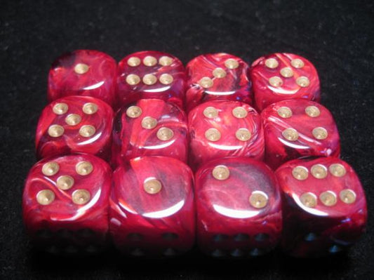 Chessex Dice Sets: Burgundy/Gold Vortex 16mm d6 (12)