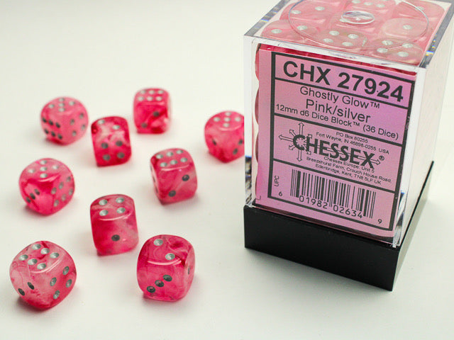 Chessex: Ghostly Glow 12mm d6 Pink/silver Dice Block (36 dice)