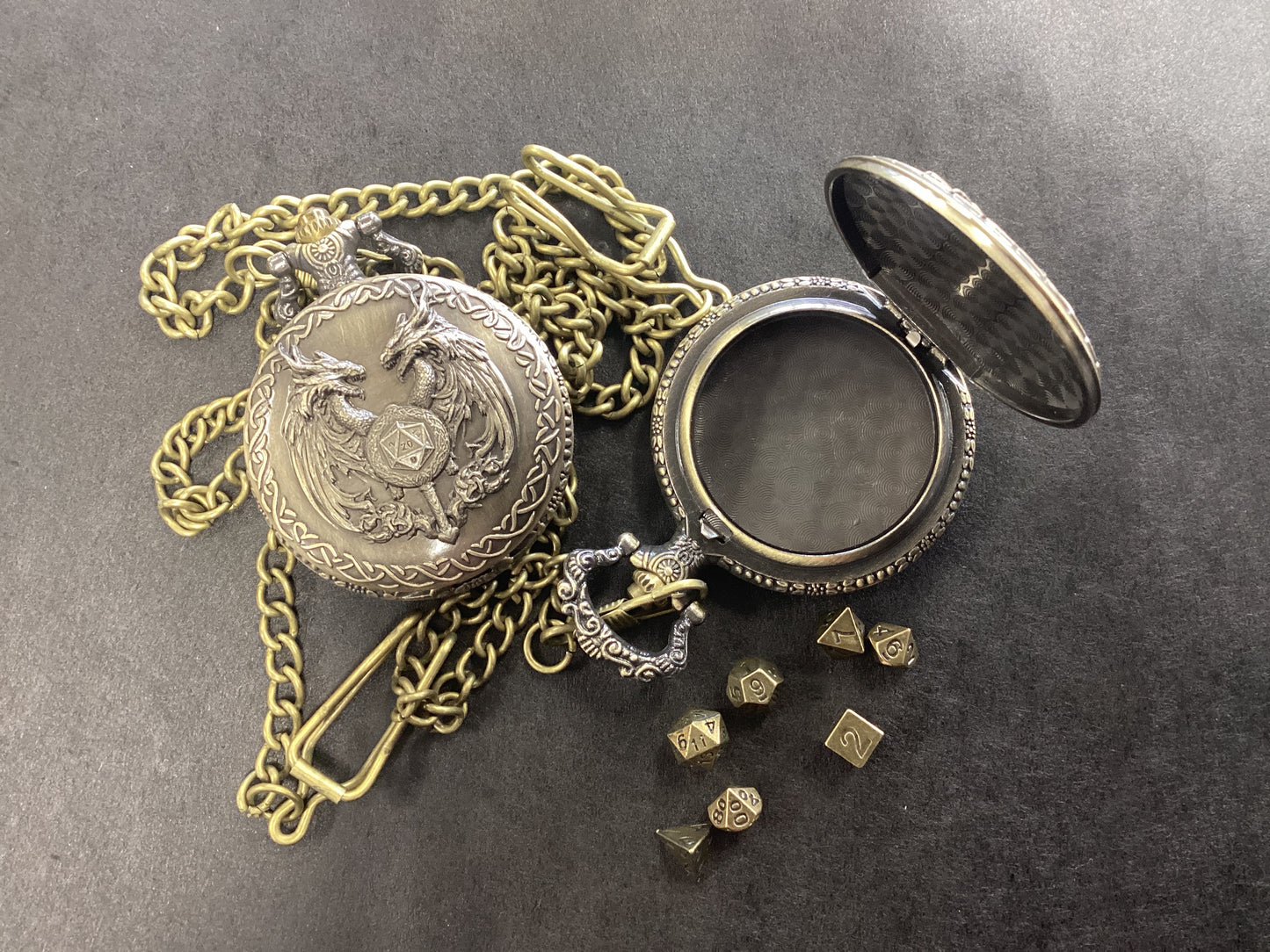 Mini Metal Dice (7) in Pocket Watch Case