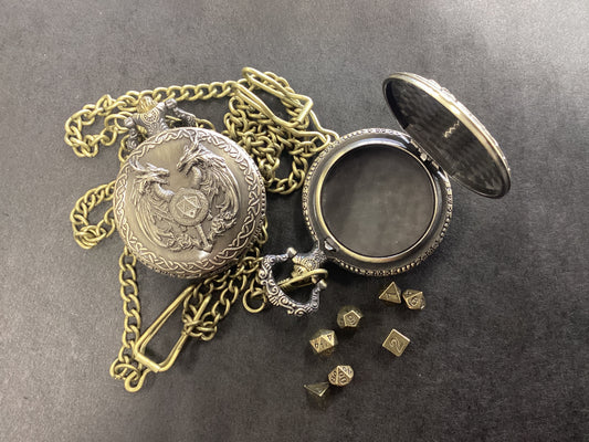 Mini Metal Dice (7) in Pocket Watch Case