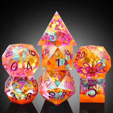 ACE 7 RPG Sharp Point Resin Dice - Orange and Purple Flower