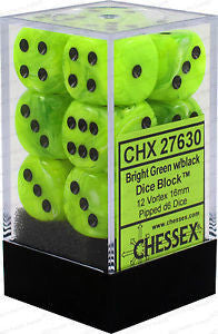 Chessex D6 Vortex 16mm d6 Bright Green/black  Dice Block (12 dice)